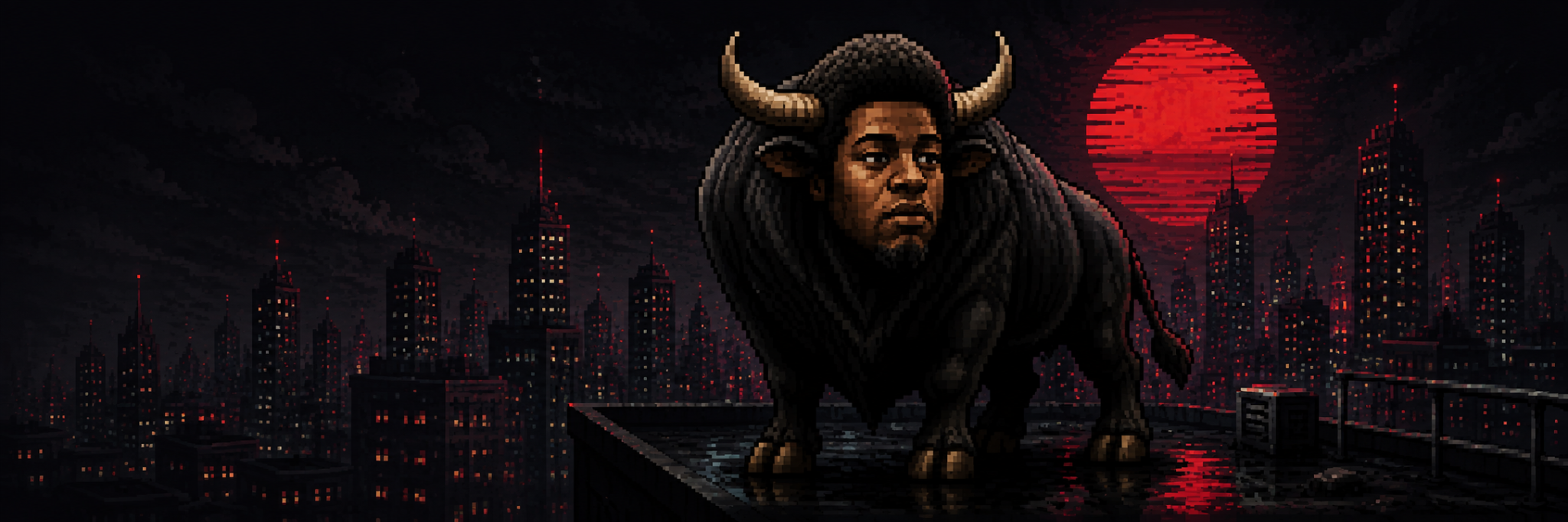 The Pix Bull on a rooftop above a red pixel city